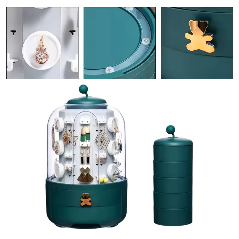 360 Rotating Jewelry Organizer Cosmetic Storage Box Earring Necklace Display Transparent Makeup Desktop Organizer For Woman