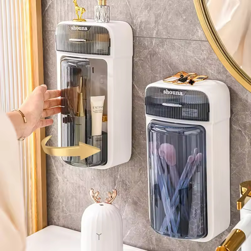Wall Mounted Makeup Brush Organiser with Drawers Bathroom Storage Rack Cosmetics 360° Rotating Flip Top Holder