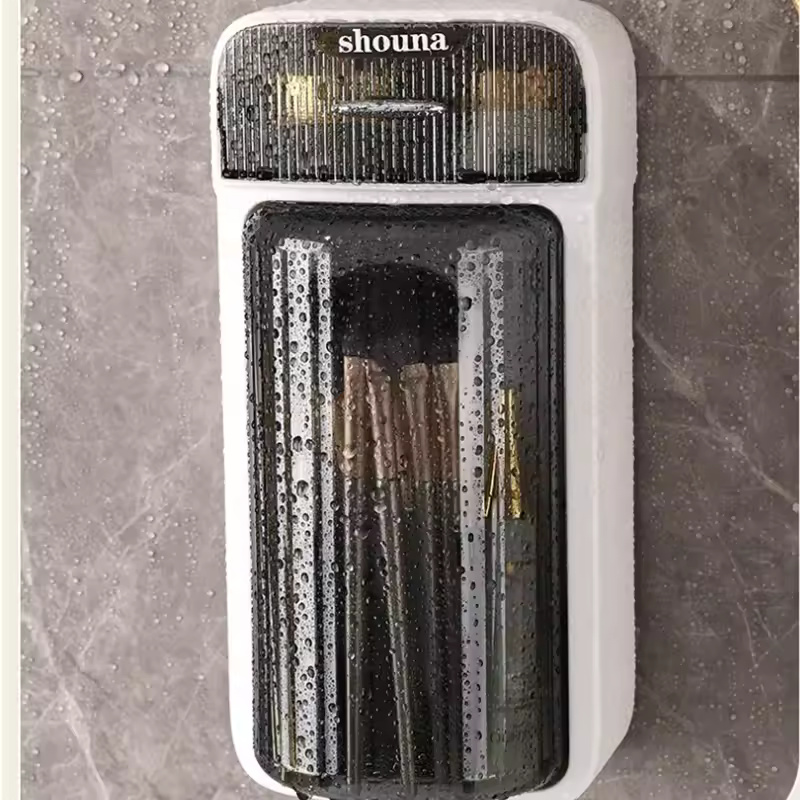 Wall Mounted Makeup Brush Organiser with Drawers Bathroom Storage Rack Cosmetics 360° Rotating Flip Top Holder