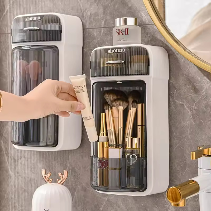 Wall Mounted Makeup Brush Organiser with Drawers Bathroom Storage Rack Cosmetics 360° Rotating Flip Top Holder