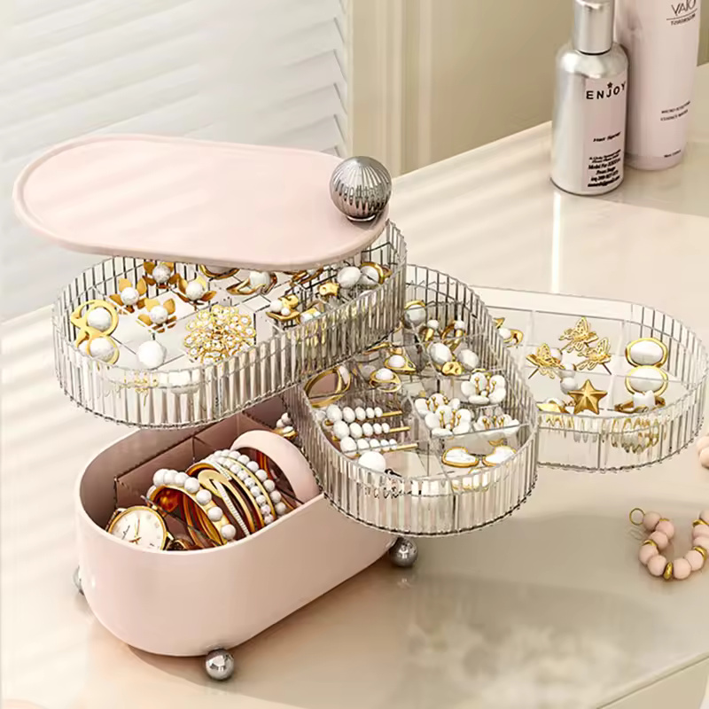 Little Bear Desktop Jewelry Storage Box Rotate Dividing Grids Cosmetic Dustproof Luxury Organizer