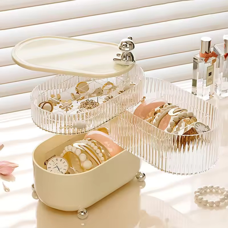 Little Bear Desktop Jewelry Storage Box Rotate Dividing Grids Cosmetic Dustproof Luxury Organizer