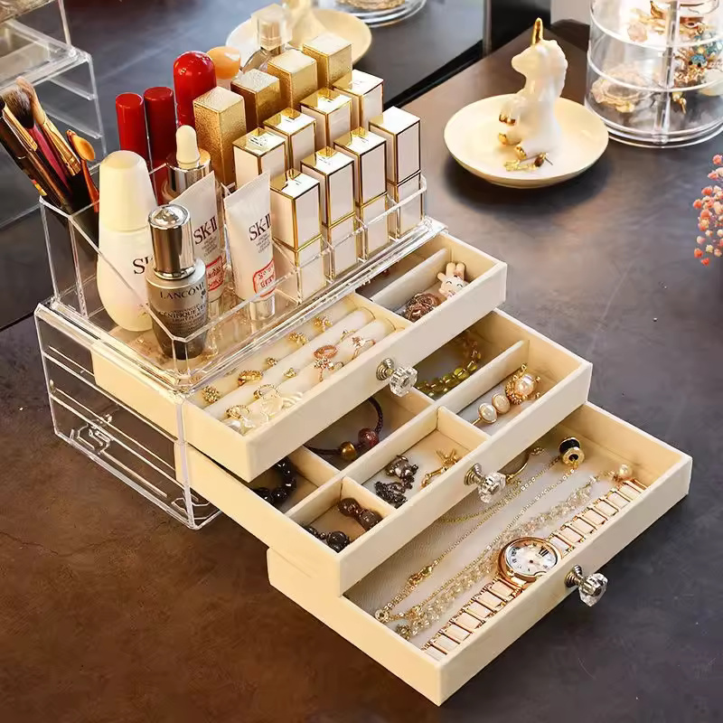 3 Layers Velvet Jewelry Storage Box with 3 Drawers Acrylic Display Necklace Earrings Bracelets Organizer Clear Lid Holder Case