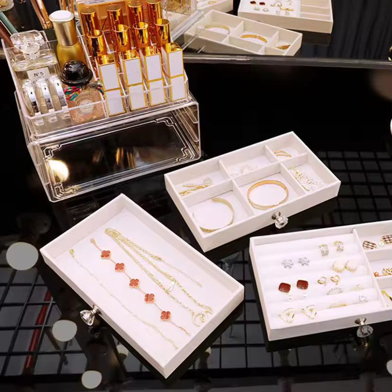 3 Layers Velvet Jewelry Storage Box with 3 Drawers Acrylic Display Necklace Earrings Bracelets Organizer Clear Lid Holder Case