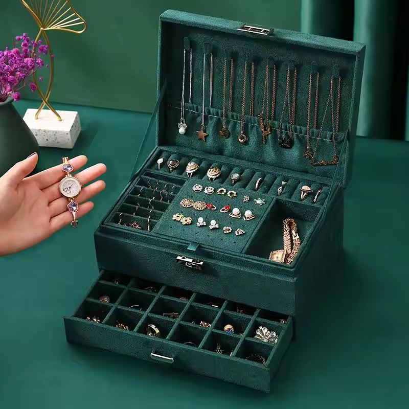 Large layers Jewelry Box Flannel Velvet PU Leather Vintage Layers Necklace Earrings Ring Storage Box Jewlery Organizer