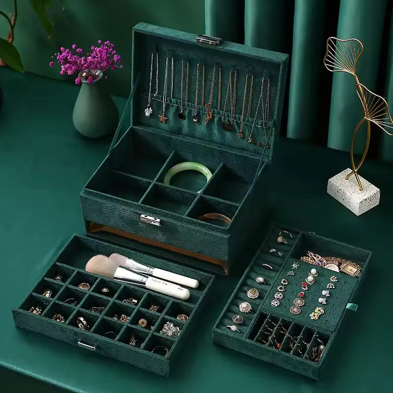 Large layers Jewelry Box Flannel Velvet PU Leather Vintage Layers Necklace Earrings Ring Storage Box Jewlery Organizer