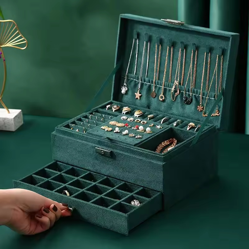 Large layers Jewelry Box Flannel Velvet PU Leather Vintage Layers Necklace Earrings Ring Storage Box Jewlery Organizer