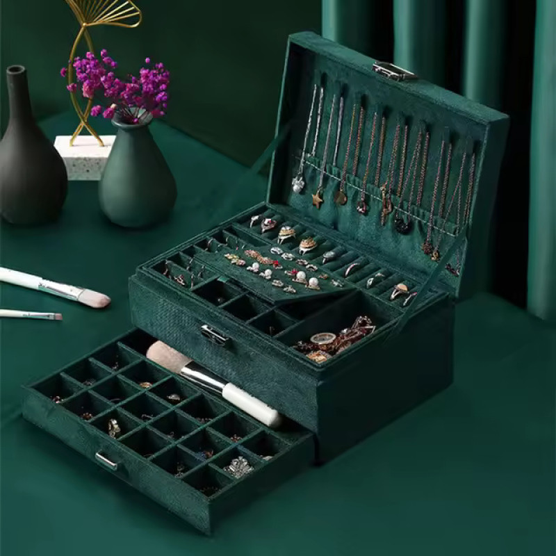 Large layers Jewelry Box Flannel Velvet PU Leather Vintage Layers Necklace Earrings Ring Storage Box Jewlery Organizer