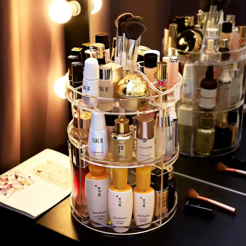 Rotating Makeup Organizer 360 Degree Spinning Makeup Holder Large Capacity Adjustable Cosmetic Storage Stand Space Saving Makeup