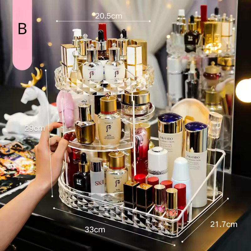 Rotating Makeup Organizer 360 Degree Spinning Makeup Holder Large Capacity Adjustable Cosmetic Storage Stand Space Saving Makeup