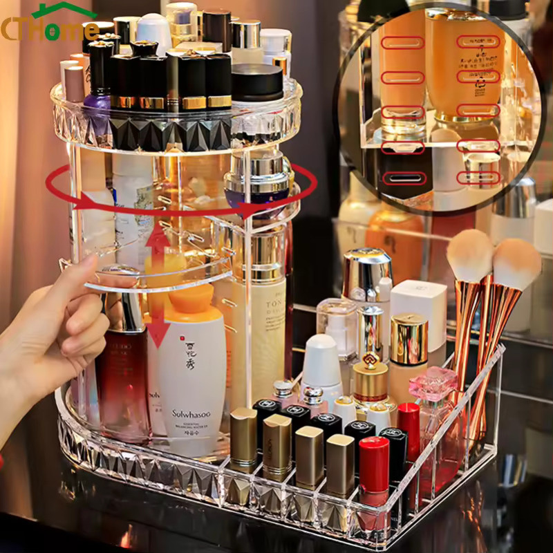 Rotating Makeup Organizer 360 Degree Spinning Makeup Holder Large Capacity Adjustable Cosmetic Storage Stand Space Saving Makeup
