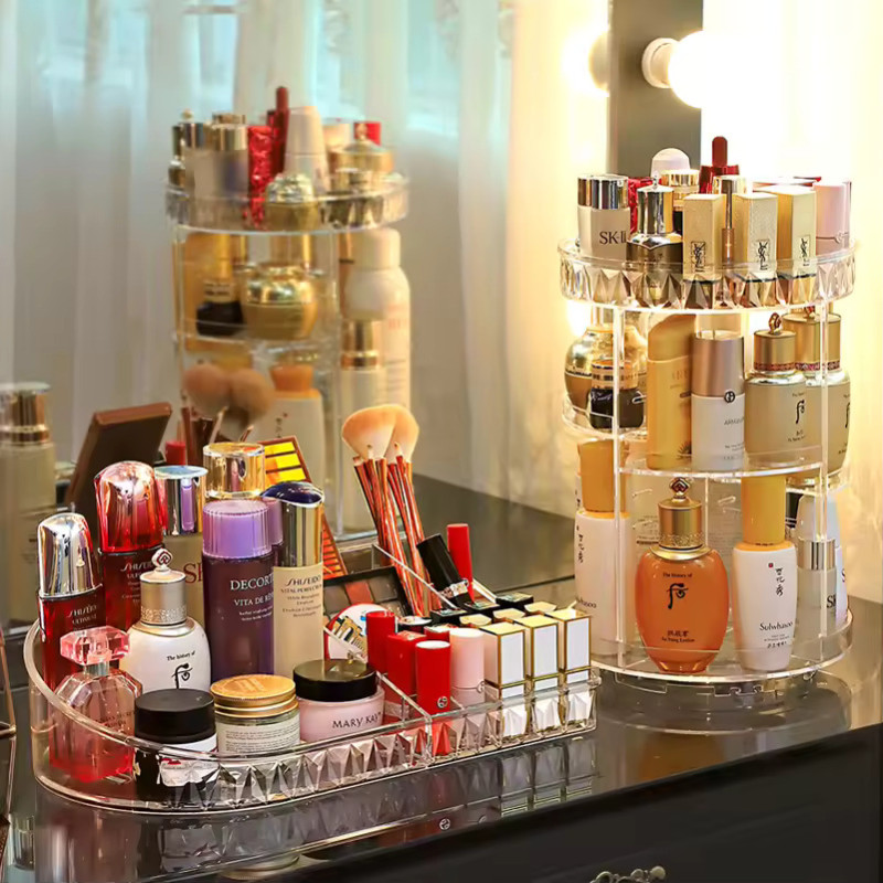 Rotating Makeup Organizer 360 Degree Spinning Makeup Holder Large Capacity Adjustable Cosmetic Storage Stand Space Saving Makeup
