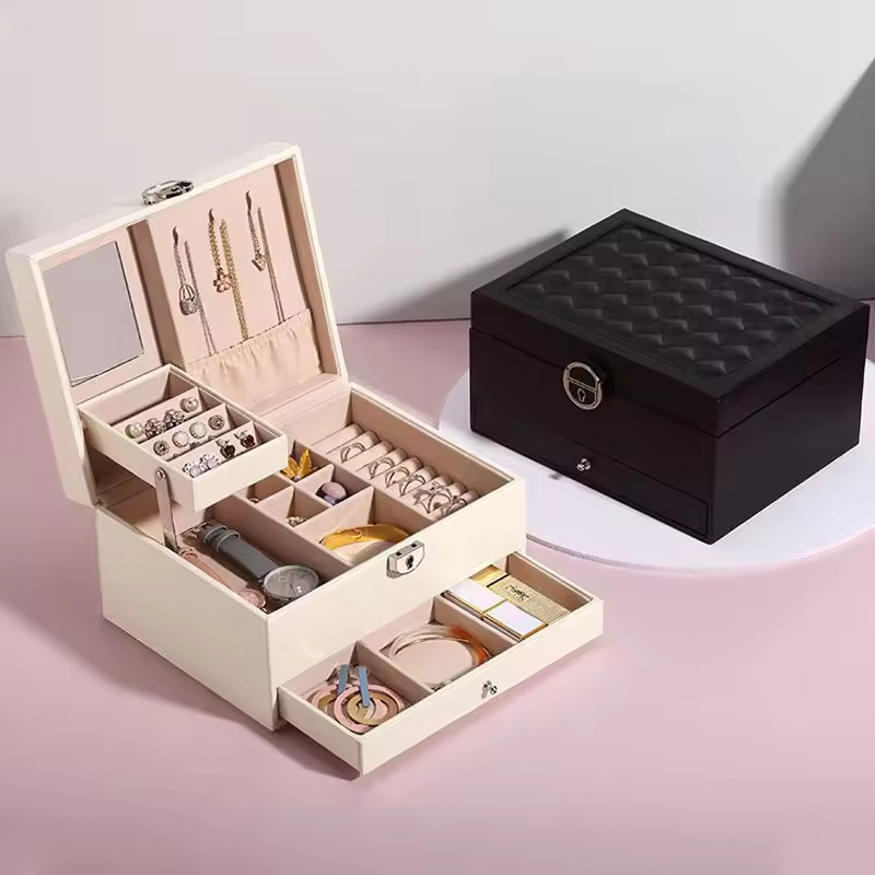Leather Jewelry Box Korean Multi-layer Large Capacity Multi-Function Jewelry Storage Box Ear Studs Rings Jewelry Organizer