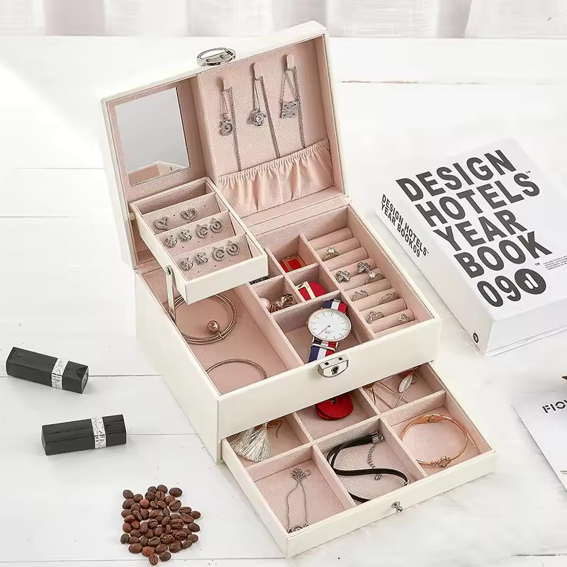 Leather Jewelry Box Korean Multi-layer Large Capacity Multi-Function Jewelry Storage Box Ear Studs Rings Jewelry Organizer