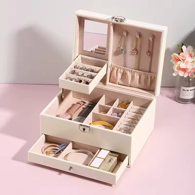 Leather Jewelry Box Korean Multi-layer Large Capacity Multi-Function Jewelry Storage Box Ear Studs Rings Jewelry Organizer
