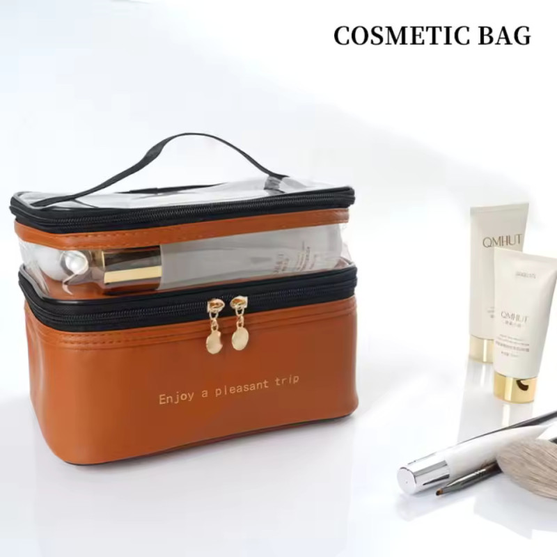 Double layer PU cosmetic bag large capacity portable storage bag waterproof travel toiletry bag
