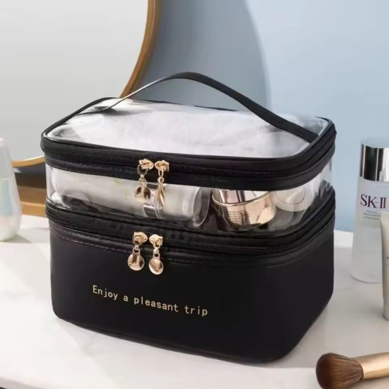 Double layer PU cosmetic bag large capacity portable storage bag waterproof travel toiletry bag