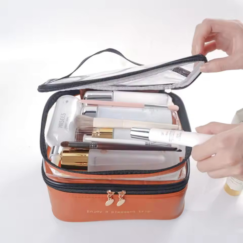 Double layer PU cosmetic bag large capacity portable storage bag waterproof travel toiletry bag