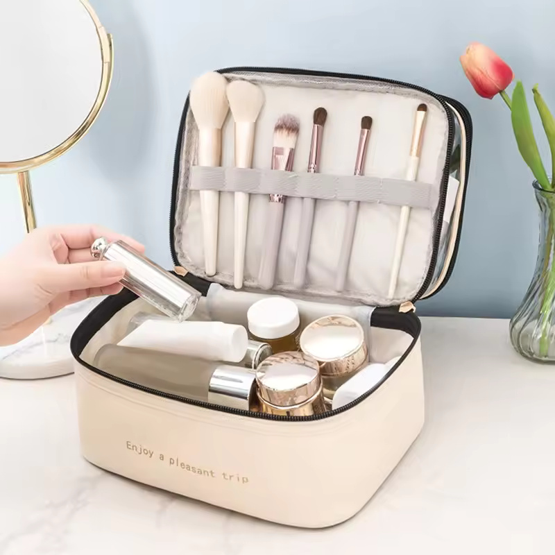 Double layer PU cosmetic bag large capacity portable storage bag waterproof travel toiletry bag