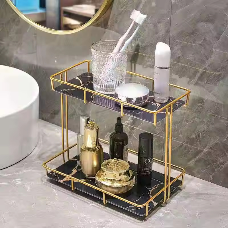 2 Tier Luxury Metal tray for skin care and makeup product organizer