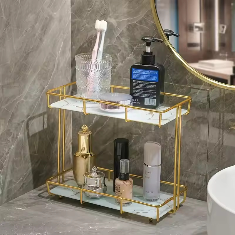 2 Tier Luxury Metal tray for skin care and makeup product organizer