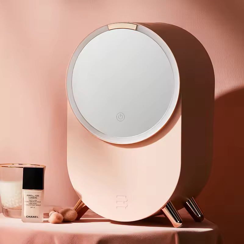 LED Light Cosmetic Storage Box With led Mirror Home Vanity Makeup Organizer for Skincare Products