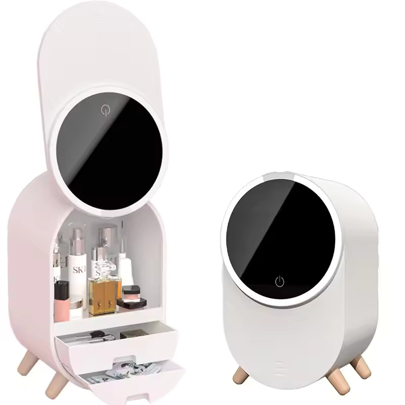 LED Light Cosmetic Storage Box With led Mirror Home Vanity Makeup Organizer for Skincare Products