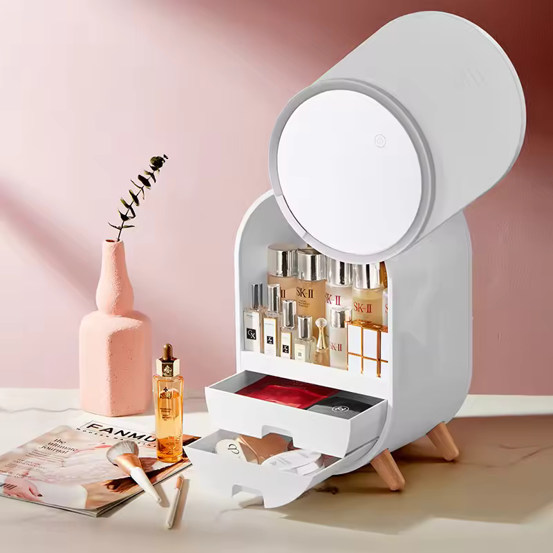 LED Light Cosmetic Storage Box With led Mirror Home Vanity Makeup Organizer for Skincare Products
