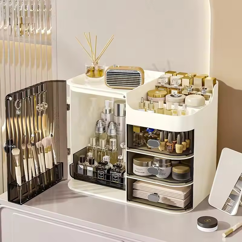 Dustproof Large Makeup Organizer with Drawers - Spacious Plastic Cosmetic Storage Box with Brush Holders, Lipstick Slots