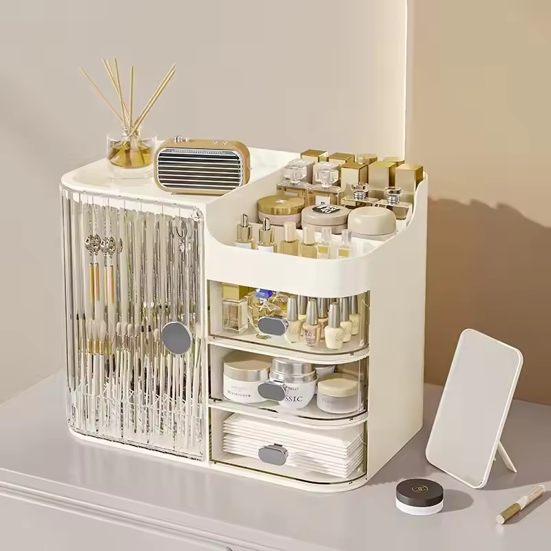 Dustproof Large Makeup Organizer with Drawers - Spacious Plastic Cosmetic Storage Box with Brush Holders, Lipstick Slots
