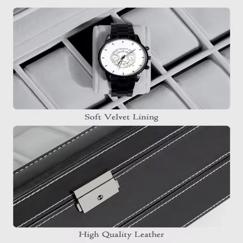 12 Slot PU Leather Lockable Watch Storage Boxes, Men & Women's Jewelry Display Drawer Case, 2-tier Organizer