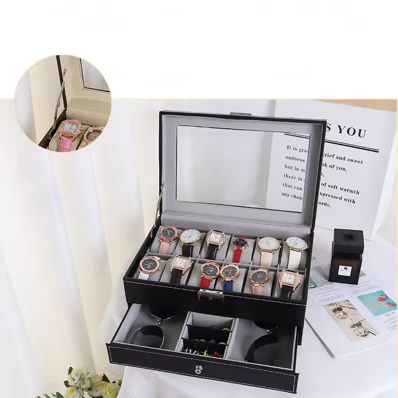 12 Slot PU Leather Lockable Watch Storage Boxes, Men & Women's Jewelry Display Drawer Case, 2-tier Organizer