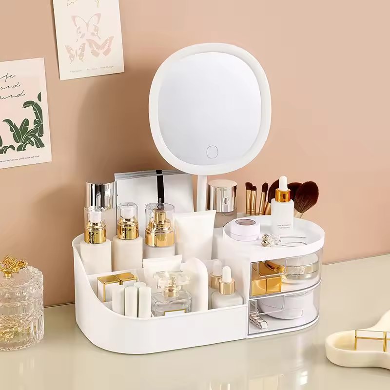 Desktop Cosmetic Storage Box With LED Mirror