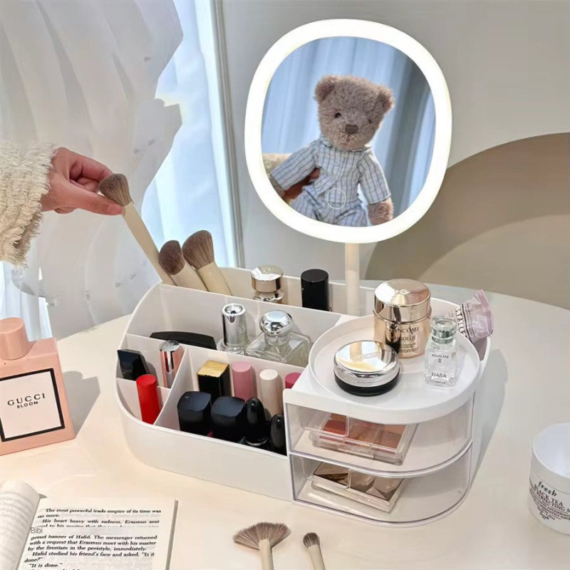 Desktop Cosmetic Storage Box With LED Mirror