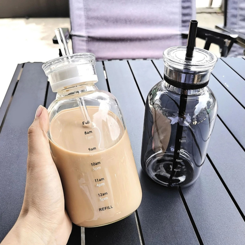 Stylish Glass Water Bottle with Time Marker - Perfect for Juice, Milk, and More