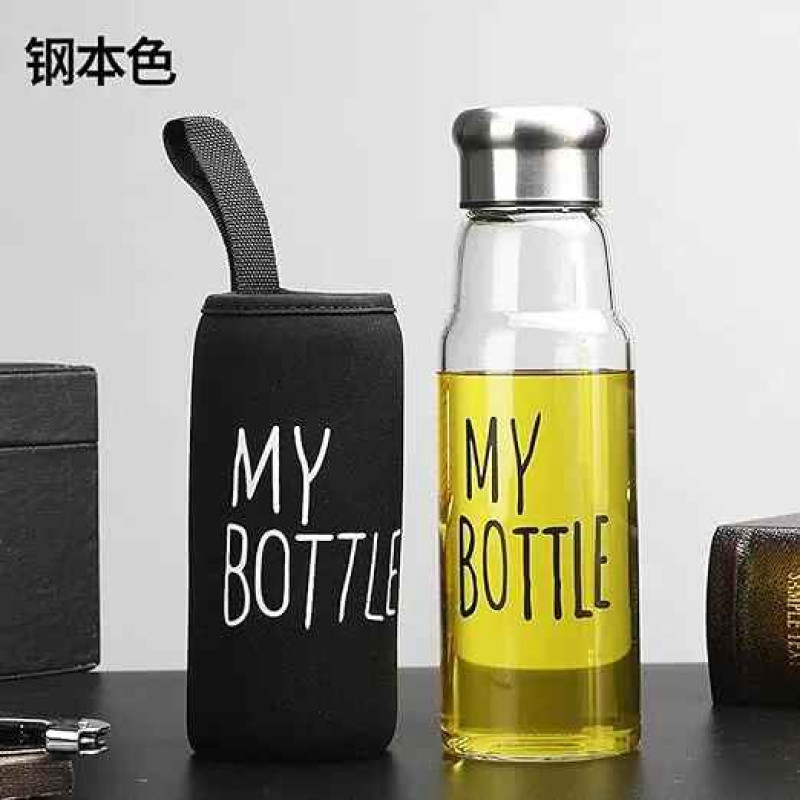 Premium Glass Water Bottle with Aluminum Cap & Stylish My Bottle Black Pouch