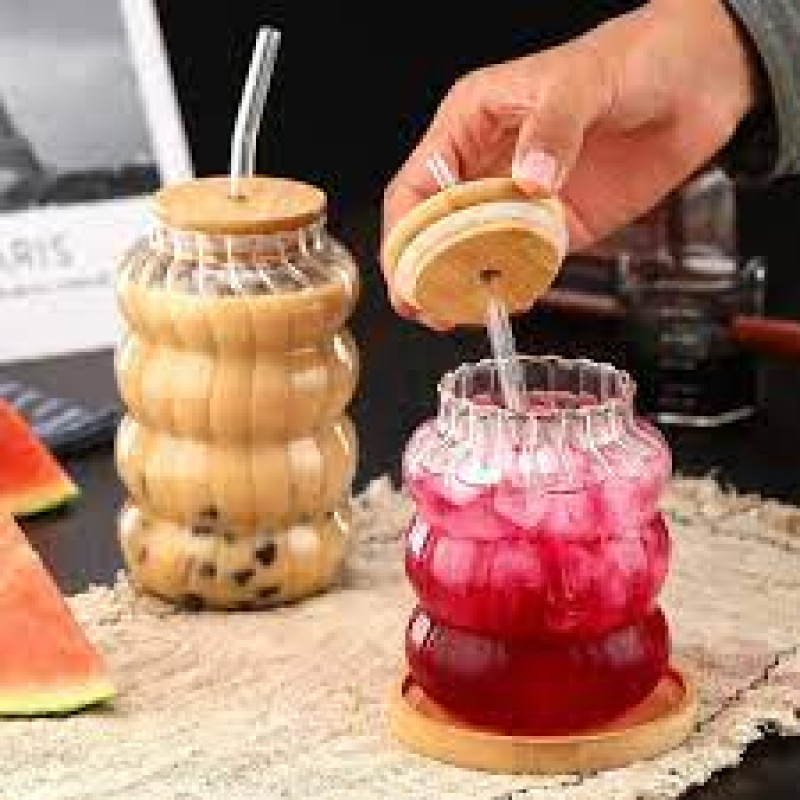 Ergonomically Designed 400ml Wave Jar Drinking Cup with Bamboo Lid