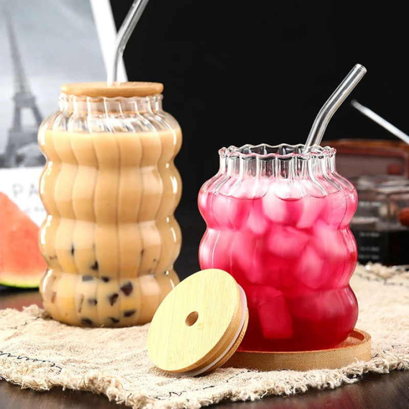 Ergonomically Designed 400ml Wave Jar Drinking Cup with Bamboo Lid
