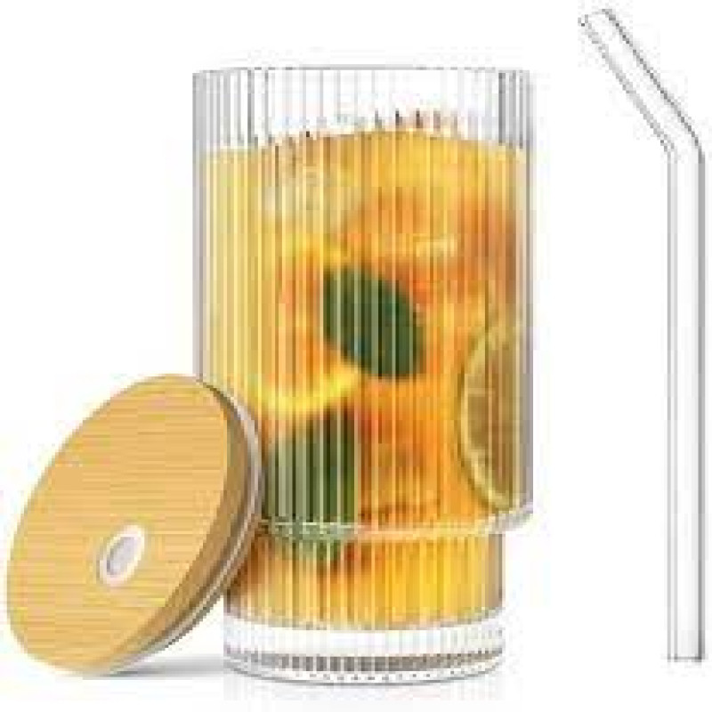 Stylish Glass Tumbler with Wooden Lid & Glass Straw