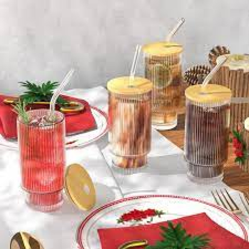 Stylish Glass Tumbler with Wooden Lid & Glass Straw