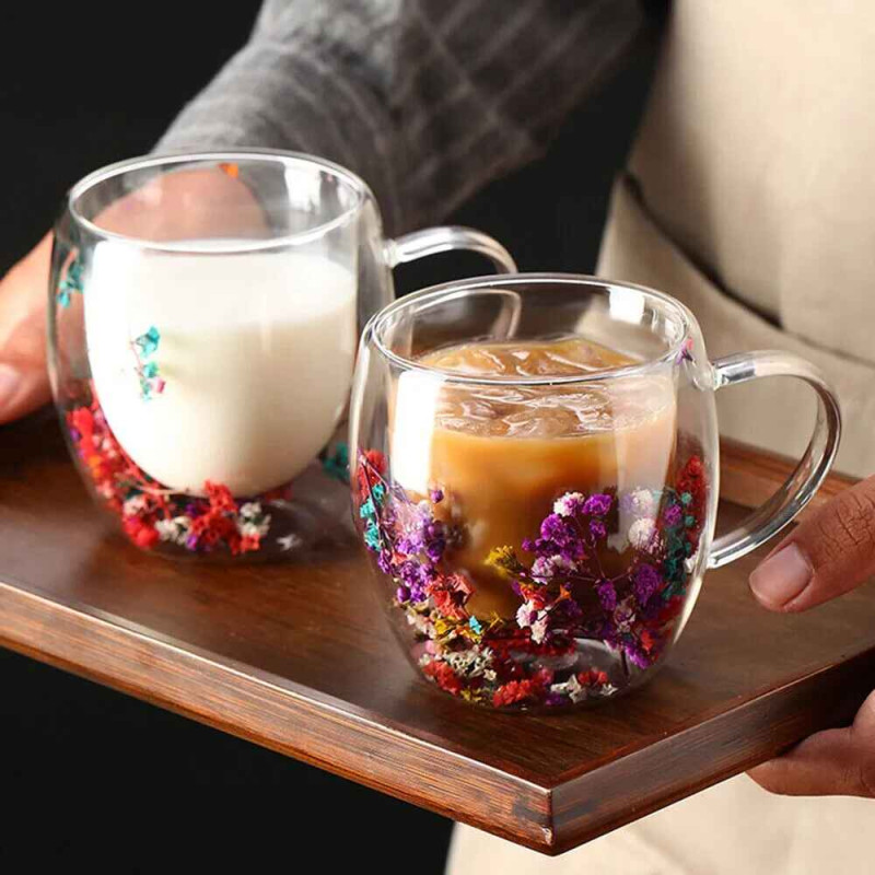Innovative Double Wall Glass Mug with Handle for Tea and Coffee - Ideal for Dry Flowers Decor
