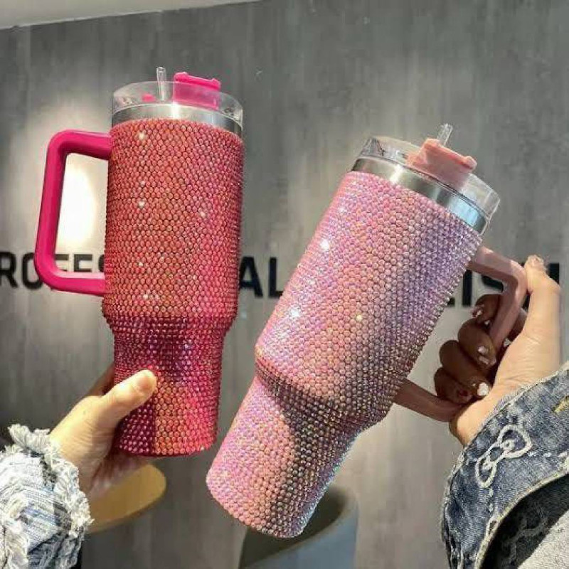 Glittering 40oz Stainless Steel Rhinestone Tumbler with Straw Lid and Handle