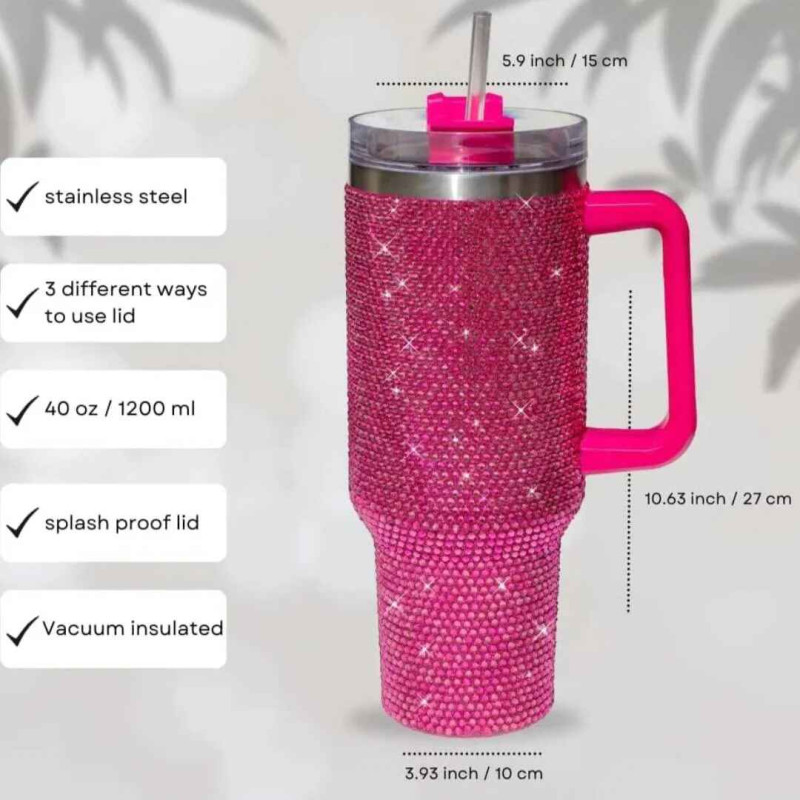 Glittering 40oz Stainless Steel Rhinestone Tumbler with Straw Lid and Handle