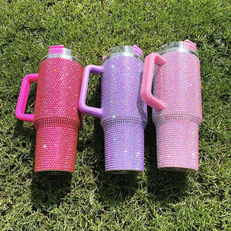 Glittering 40oz Stainless Steel Rhinestone Tumbler with Straw Lid and Handle