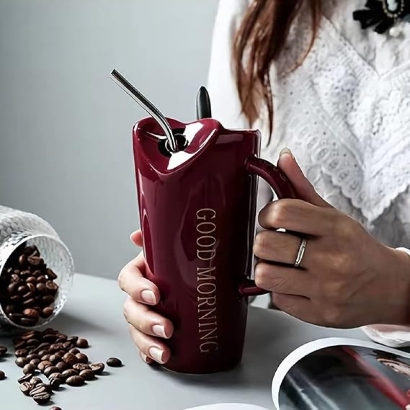 Crimson Ceramics 15 Oz Glossy Finish Mug with Straw Hole | Stainless Steel Straw Carafe