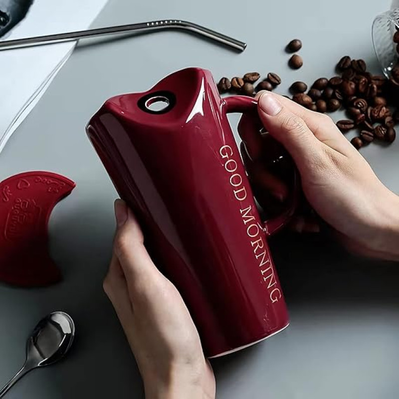 Crimson Ceramics 15 Oz Glossy Finish Mug with Straw Hole | Stainless Steel Straw Carafe