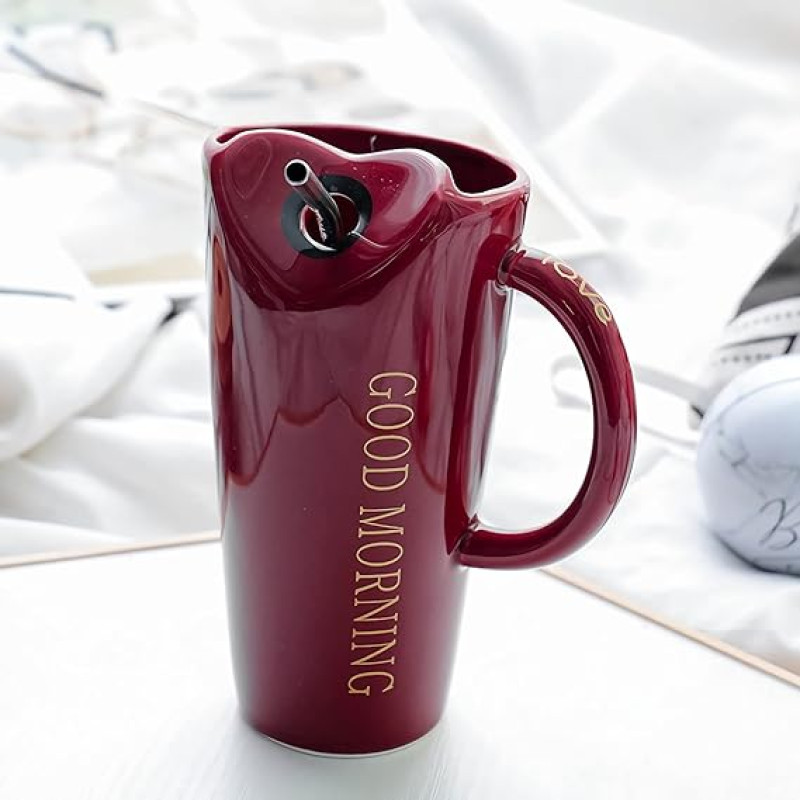 Crimson Ceramics 15 Oz Glossy Finish Mug with Straw Hole | Stainless Steel Straw Carafe