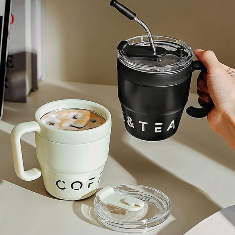 Eco-Friendly Portable Korean Coffee Cup with Lid and Straw – 480ml