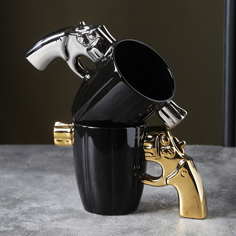 Unique Revolver Shaped Coffee Mug | Creative Gold & Silver Ceramic Cup