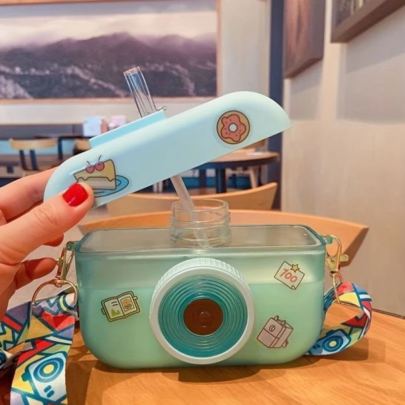 Creative Camera-Shaped Plastic Water Bottle for Kids & Adults Cute & Fun with Straw Lid